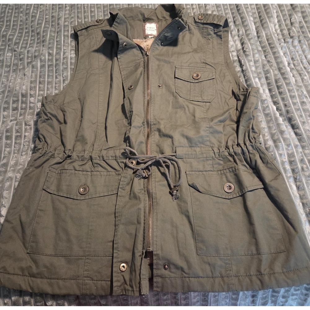 First Look Green Utility Vest Faux Fur Lined Zip Button Drawstring Women 3X
